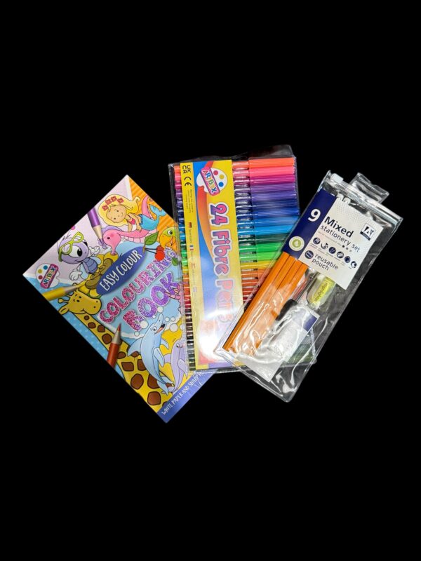 Bundle - Blue Animal Colouring Book, 24 Felt Pens, 9pc Stationary Pack